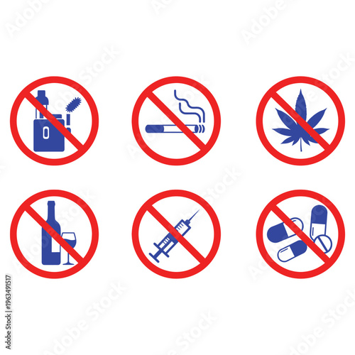 Six circular prohibition signs illustrate various forbidden activities including vaping, smoking, marijuana use, alcohol consumption, drug injection, and pills.