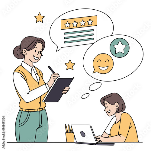 Illustration of happy woman receiving positive feedback online while colleague writes on clipboard, customer satisfaction survey concept, feedback form, user experience, speech bubble, opinion poll