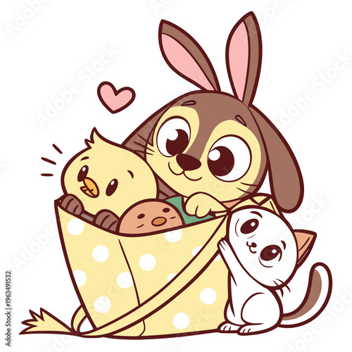 Cute cartoon bunny holding a bag with baby animals inside, including chicks and a kitten, for easter or animal-themed designs, polka dot, animal group, cartoon character