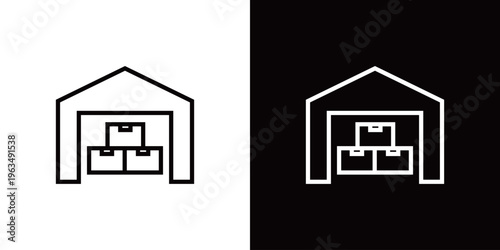 段ボール箱が積まれた倉庫のラインアイコン。モノクロベクターイラストセット