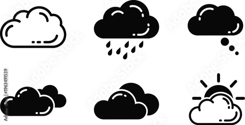 Clouds, rain, and a sun weather related icons