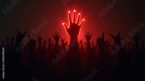 AI Concept of Stop Violence Protest Crowd with Glowing Red Hand Symbol