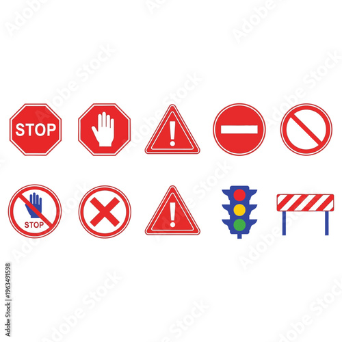 Free Download Road signs and traffic control devices, including stop signs, warning triangles, no entry symbols, and a traffic light, are prominently displayed as essential safety indicators. - GFXLoad