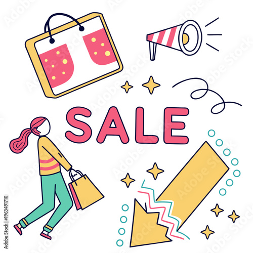 Dynamic illustration of a woman shopping with bags next to a 'sale' sign, megaphone, and falling arrow graphic, shopping spree, woman shopper, online shopping, e commerce, bargain hunting