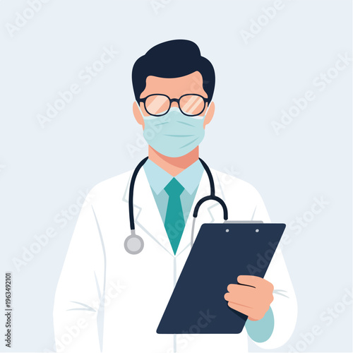 Professional Male Doctor in Protective Face Mask and Glasses, Lab Coat, Stethoscope, Holding Clipboard, Symbolizing Healthcare, Medical Consultation, and Essential Frontline Worker Role
