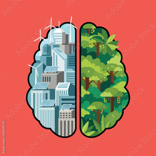 Human brain divided into modern sustainable city with renewable energy and lush green tropical forest representing environmental conscious thinking.