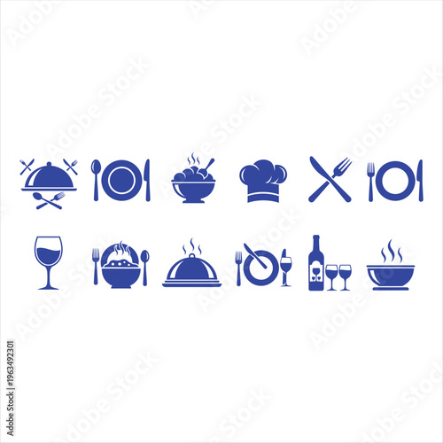 Food and restaurant service icons, rendered as blue silhouettes, are neatly arranged on a clean white background, symbolizing various culinary and dining experiences.