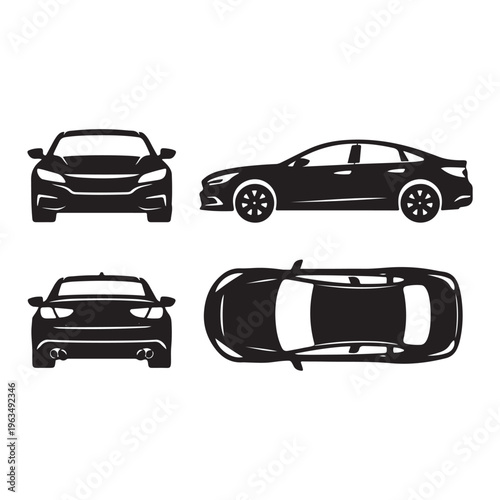 Car Silhouette Blueprint – Front, Rear, Side & Top View Vector
