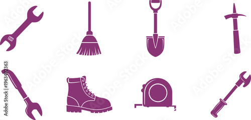 Silhouette of various gardening and construction tools in purple