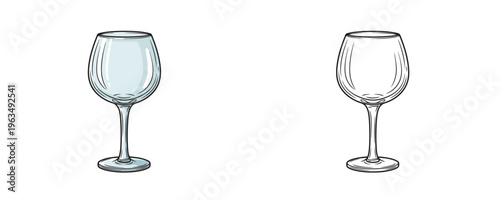 Cartoon glass wine goblet in color and black line art styles showing empty transparent rounded bowl on long stem for table setting on white background