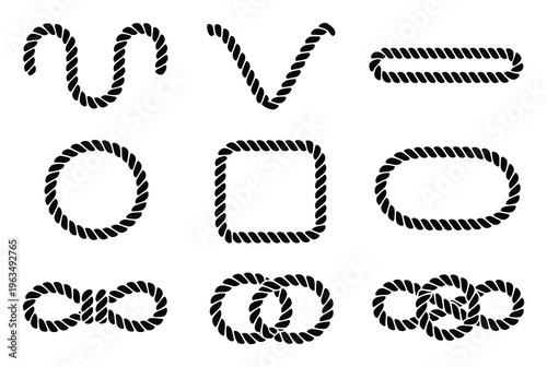 Collection of Black Rope Shapes and on White Background