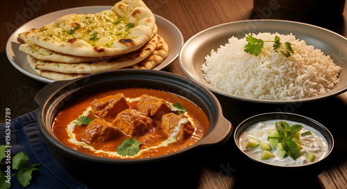 Delicious Indian butter chicken curry with basmati rice and naan bread served with raita a complete meal for restaurant menus and food blogs