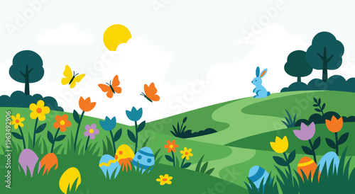 Easter egg hunt landscape with bunny colorful nature scene.