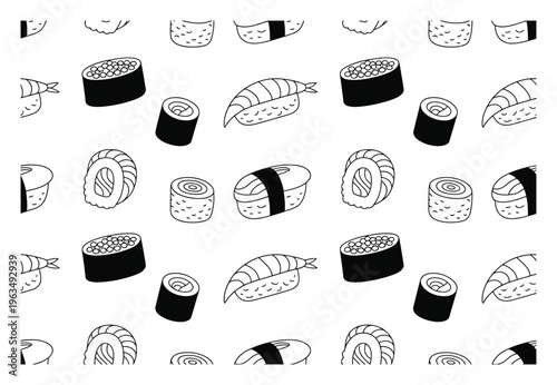 Cute Sushi Pattern Black and White Doodle