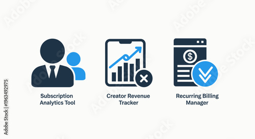 Subscription analytics tool, growth revenue tracker, and recurring billing manager icons for financial business management