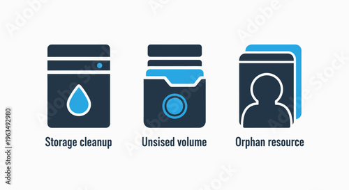 Data storage cleanup, unused volume, and orphan resource management icons for cloud infrastructure and it systems