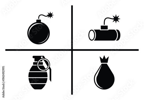 Four Types of Explosive Devices Bomb, Dynamite, Grenade, and Bag Bomb