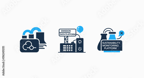 Industrial icons featuring a smart factory, manufacturing plant, and sustainable solutions platform for modern industry