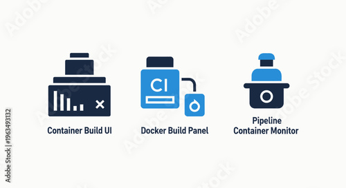 Containerization and devops icons depicting continuous integration, build forms, and pipeline monitoring for software development