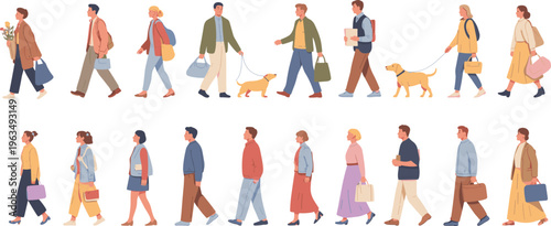 People walking character set with men and women carrying bags walking dogs and holding books in flat vector style for urban life,