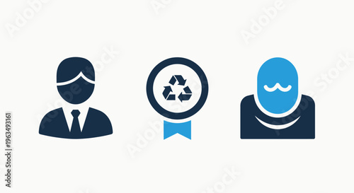 Businessman avatar, green recycle award badge, and customer review profile icons for sustainable business practices and feedback