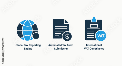 Global tax reporting engine, automated tax form submission, and international vat compliance icons for finance management