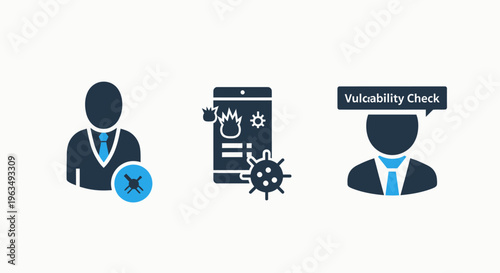 Cybersecurity and digital threat protection icons for vulnerability check, mobile security, and virus protection on devices