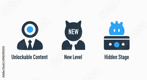 Gaming and digital content icons for unlockable features, new levels, hidden stages, and player progression