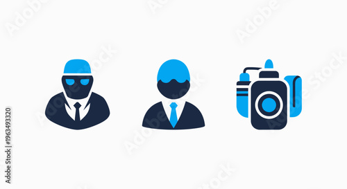 Surveillance and industry icons for security agents, construction workers, and professional content creation