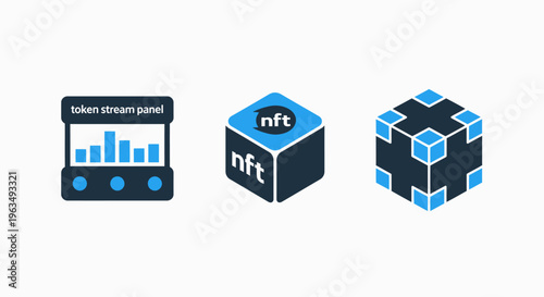 Digital assets and blockchain technology icons featuring nft, audio wave panel, and modular cube design elements