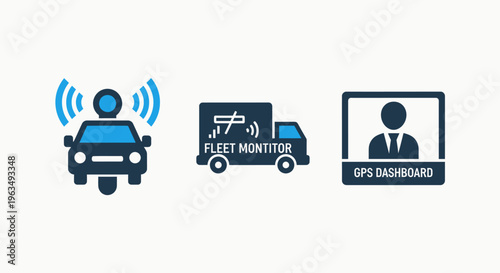Vehicle fleet tracking system icons with gps navigation, real-time monitoring dashboard, and logistics management technology symbols