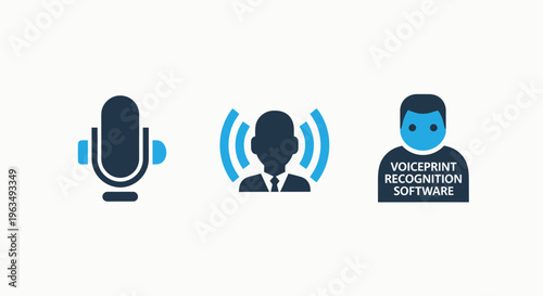 Voice recognition software system icons representing microphone input, audio sound waves, and speech to text technology for AI commands