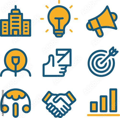 Business and Marketing Line Icon Set: Corporate Strategy, Growth, and Branding Symbols