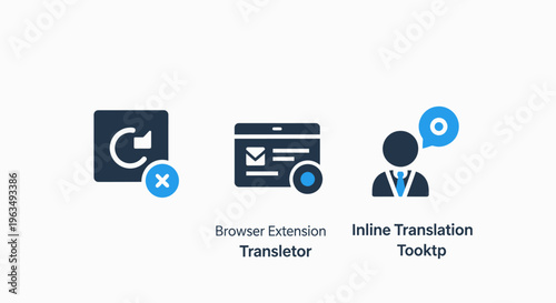 Language translation software icons representing document processing, inline toolkit, and multilingual communication tools