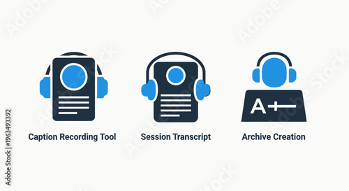 Digital audio caption recording, session transcription, and archive creation tool icons set for educational and accessibility platforms
