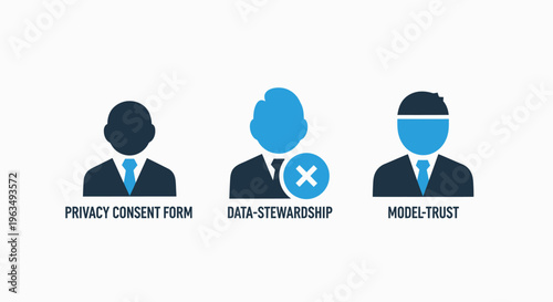 Business data stewardship and privacy consent icons with model trust featuring corporate professionals and security symbols for ethical information management and compliance systems