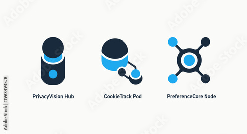 Privacy fusion hub and cookie tracking node icons for preference management featuring digital data network connections and secure internet infrastructure information graphic design set