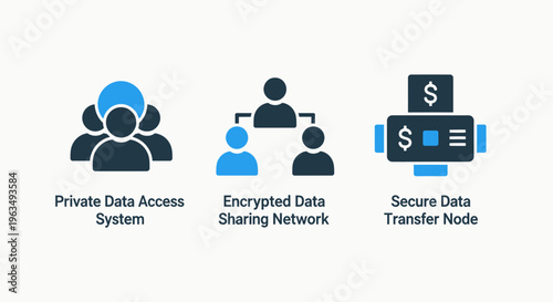 Private data access and encrypted sharing network icons for secure transfer node featuring business hierarchy structure and financial security management professional information graphics