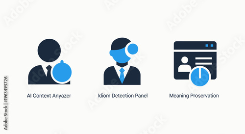 Set of professional business icons for AI budget analysis and price detection panel featuring user profiles and presentation slides for corporate financial management data visualization