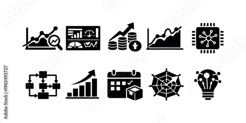Collection of business and technology icons representing data, growth, and innovation