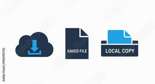 Cloud storage and data management icons featuring saved file document graphics and local copy download symbols for digital information security and online backup technology solutions