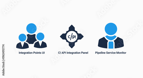 Integration frame cloud management panel and pipeline service monitor vector icons for continuous integration and deployment workflows in professional flat illustration design style