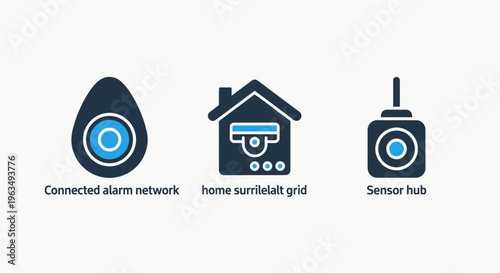 Connected alarm network home surveillance grid and sensor hub security system vector icons for smart house protection and real time monitoring in professional flat illustration design