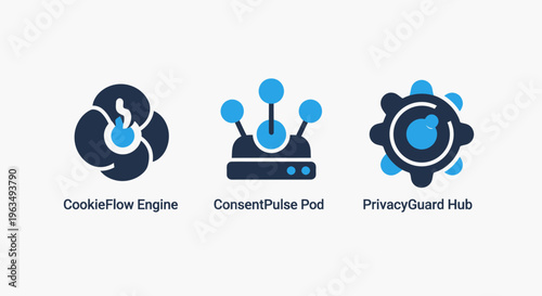 Cookie flow engine consent pulse pod and privacy guard hub security vector icons for website data compliance and data protection in professional flat illustration design style