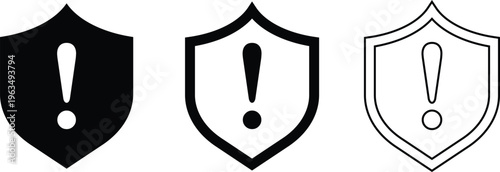Set of shield icons with exclamation mark on white background