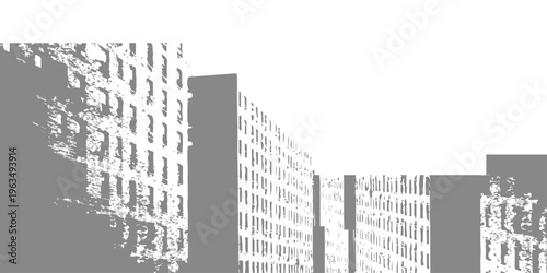 High contrast black and white architectural perspective of city apartment buildings with minimalist stencil art effect
