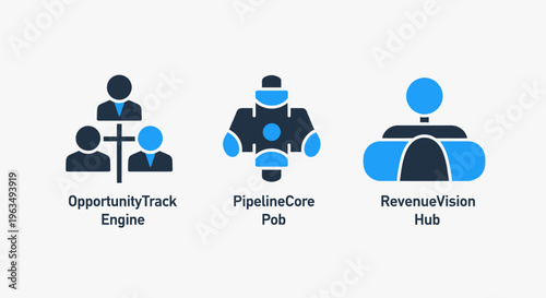Sales pipeline hub and revenue vision icons for business opportunity tracking, team collaboration meeting, growth analysis engine, and financial performance management statistics