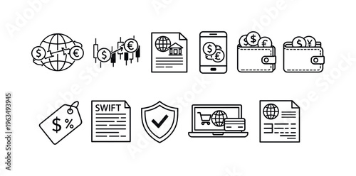 Collection of financial and business icons representing global commerce and transactions