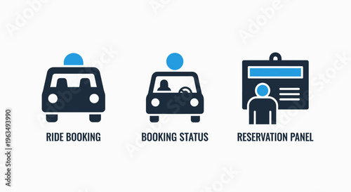 Transportation service booking and reservation icons: ride hailing, status tracking, and admin panel flat vector illustration