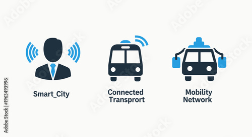 Smart city and connected transportation icons: urban mobility, intelligent systems, and network infrastructure vector illustration